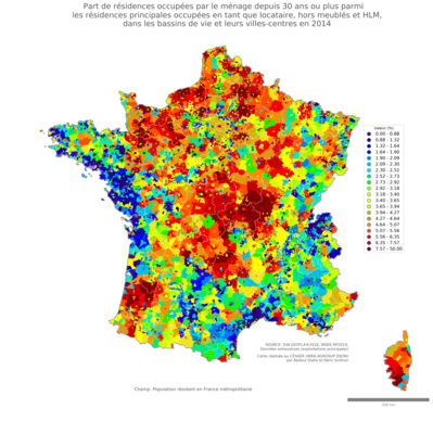 Part de résidences occupées par le ménage depuis 30 ans ou plus parmi les résidences principales occupées en tant que locataire, hors meublés et HLM - bv2014
Mots-clés: résidence et logement;conditions d-existence;bassins de vie