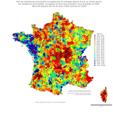 Part de résidences principales occupées par le ménage depuis 4 ans ou moins parmi les résidences principales occupées en tant que locataire, hors meublés et HLM - bv2014
Mots-clés: résidence et logement;conditions d-existence;bassins de vie