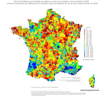 Part de résidences principales occupées en tant que locataire, hors meublés et HLM, et dont la personne de référence est retraité.e - bv2014
Mots-clés: résidence et logement;âge;conditions d-existence;bassins de vie