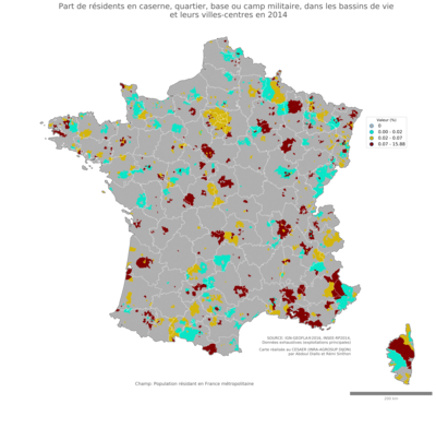 Part de résidents en caserne, quartier, base ou camp militaire - bv2014
Mots-clés: résidence et logement;conditions d-existence;conditions de travail et d-emploi;bassins de vie