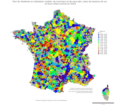 Part de résidents en habitation mobile, de mariniers et de sans'abri - bv2014
Mots-clés: résidence et logement;conditions d-existence;classes populaires;bassins de vie