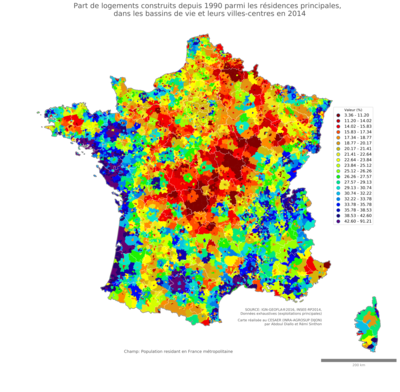 Part de logements construits depuis 1990 parmi les résidences principales - bv2014
Mots-clés: résidence et logement;conditions d-existence;bassins de vie