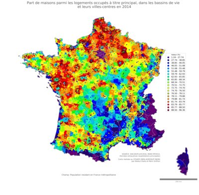 Part de maisons parmi les logements occupés à titre principal - bv2014
Mots-clés: résidence et logement;conditions d-existence;bassins de vie