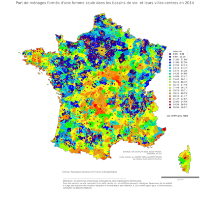 Part de ménages formés d'une femme seule - bv2014
Mots-clés: famille et enfants;couple;sexe;femmes;bassins de vie