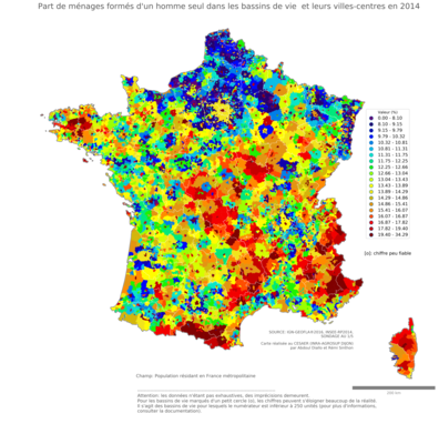 Part de ménages formés d'un homme seul - bv2014
Mots-clés: famille et enfants;couple;sexe;hommes;bassins de vie