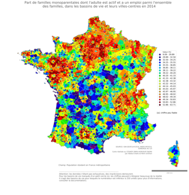 Part de familles monoparentales dont l'adulte est actif et a un emploi parmi l'ensemble des familles - bv2014
Mots-clés: famille et enfants;conditions d-existence;bassins de vie