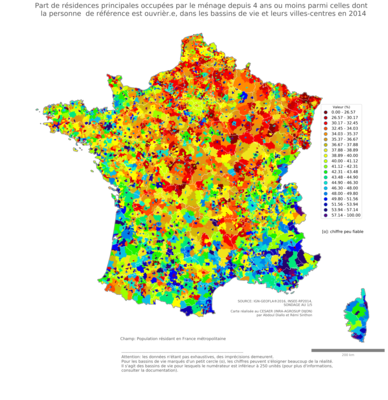 Part de résidences principales occupées par le ménage depuis 4 ans ou moins parmi celles dont la personne de référence est ouvrièr.e - bv2014
Mots-clés: résidence et logement;profession;classes populaires;bassins de vie