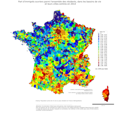 Part d'immigrés ouvriers parmi l'ensemble des résidents - bv2014
Mots-clés: immigration;profession;classes populaires;bassins de vie