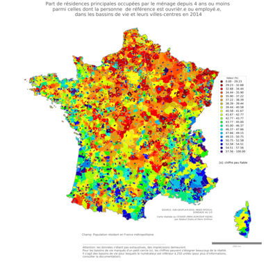 Part de résidences principales occupées par le ménage depuis 4 ans ou moins parmi celles dont la personne de référence est ouvrièr.e ou employé.e - bv2014
Mots-clés: résidence et logement;profession;classes populaires;bassins de vie