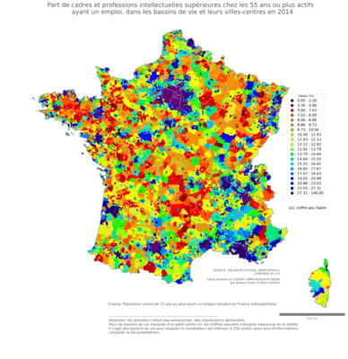 Part de cadres et professions intellectuelles supérieures chez les 55 ans ou plus actifs ayant un emploi - bv2014
Mots-clés: profession;âge;classes supérieures;bassins de vie