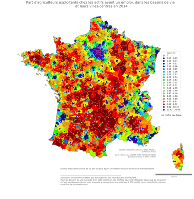 Part d'agriculteurs exploitants chez les actifs ayant un emploi - bv2014
Mots-clés: profession;sexe;femmes;fonction publique ou indépendance;bassins de vie