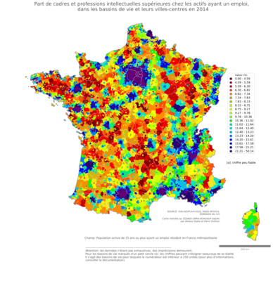 Part de cadres et professions intellectuelles supérieures chez les actifs ayant un emploi - bv2014
Mots-clés: profession;sexe;femmes;classes supérieures;bassins de vie