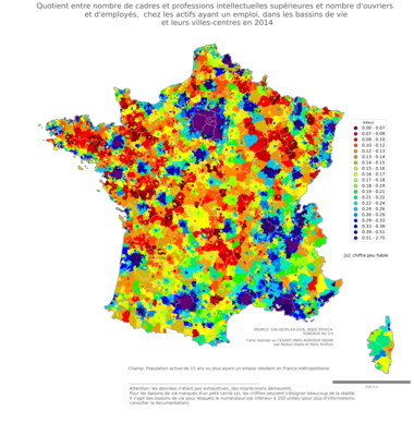 Quotient entre nombre de cadres et professions intellectuelles supérieures et nombre d'ouvriers et d'employés, chez les actifs ayant un emploi - bv2014
Mots-clés: profession;classes supérieures;classes populaires;bassins de vie