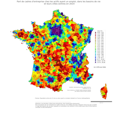 Part de cadres d'entreprise chez les actifs ayant un emploi - bv2014
Mots-clés: profession;classes supérieures;bassins de vie