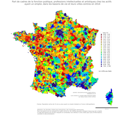 Part de cadres de la fonction publique, professions intellectuelles et artistiques chez les actifs ayant un emploi - bv2014
Mots-clés: profession;classes supérieures;fonction publique ou indépendance;bassins de vie