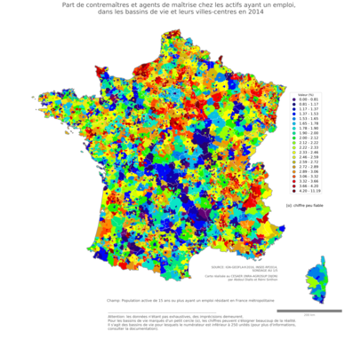 Part de contremaîtres et agents de maîtrise chez les actifs ayant un emploi - bv2014
Mots-clés: profession;bassins de vie