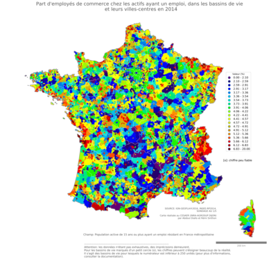 Part d'employés de commerce chez les actifs ayant un emploi - bv2014
Mots-clés: profession;classes populaires;bassins de vie