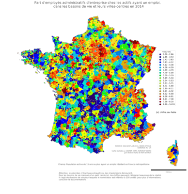 Part d'employés administratifs d'entreprise chez les actifs ayant un emploi - bv2014
Mots-clés: profession;classes populaires;bassins de vie