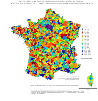 Part de cadres et professions intellectuelles supérieures chez les femmes de 15 à 34 ans actives ayant un emploi - bv2014
Mots-clés: profession;sexe;femmes;âge;classes supérieures;bassins de vie