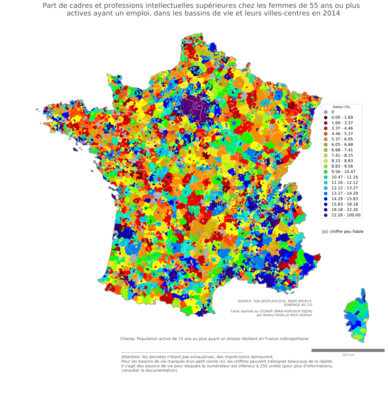 Part de cadres et professions intellectuelles supérieures chez les femmes de 55 ans ou plus actives ayant un emploi - bv2014
Mots-clés: profession;sexe;femmes;âge;classes supérieures;bassins de vie