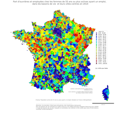 Part d'ouvrières et employées chez les femmes de 55 ans ou plus actives ayant un emploi - bv2014
Mots-clés: profession;sexe;femmes;âge;classes populaires;bassins de vie