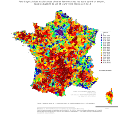 Part d'agricultrices exploitantes chez les femmes chez les actifs ayant un emploi - bv2014
Mots-clés: profession;sexe;femmes;fonction publique ou indépendance;bassins de vie