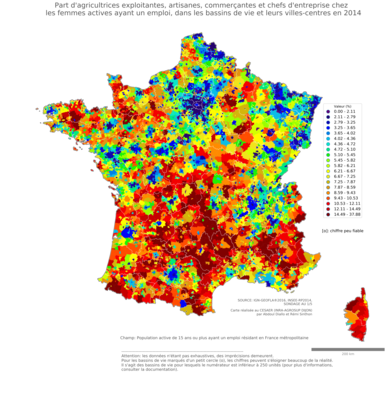 Part d'agricultrices exploitantes, artisanes, commerçantes et chefs d'entreprise chez les femmes actives ayant un emploi - bv2014
Mots-clés: profession;sexe;femmes;fonction publique ou indépendance;bassins de vie