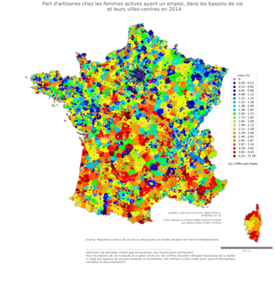 Part d'artisanes chez les femmes actives ayant un emploi - bv2014
Mots-clés: profession;sexe;femmes;fonction publique ou indépendance;bassins de vie