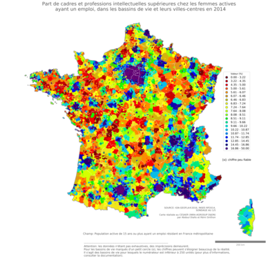 Part de cadres et professions intellectuelles supérieures chez les femmes actives ayant un emploi - bv2014
Mots-clés: profession;sexe;femmes;classes supérieures;bassins de vie