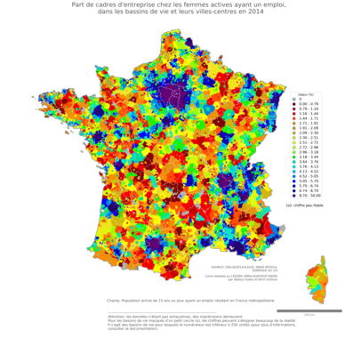 Part de cadres d'entreprise chez les femmes actives ayant un emploi - bv2014
Mots-clés: profession;sexe;femmes;classes supérieures;bassins de vie