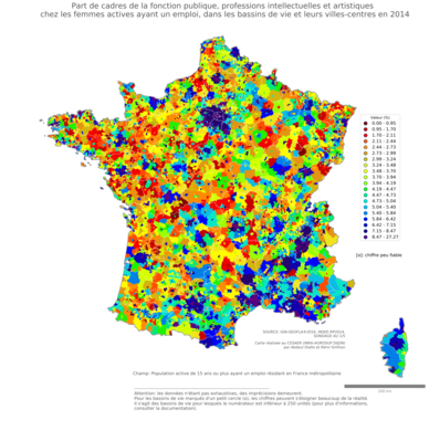 Part de cadres de la fonction publique, professions intellectuelles et artistiques chez les femmes actives ayant un emploi - bv2014
Mots-clés: profession;sexe;femmes;classes supérieures;fonction publique ou indépendance;bassins de vie