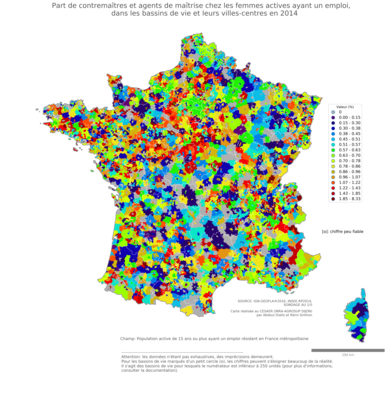 Part de contremaîtres et agents de maîtrise chez les femmes actives ayant un emploi - bv2014
Mots-clés: profession;sexe;femmes;bassins de vie