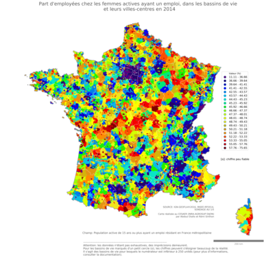 Part d'employées chez les femmes actives ayant un emploi - bv2014
Mots-clés: profession;sexe;femmes;classes populaires;bassins de vie