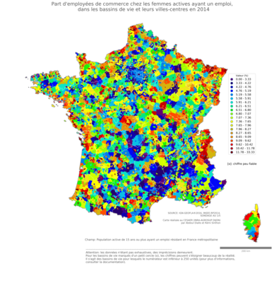 Part d'employées de commerce chez les femmes actives ayant un emploi - bv2014
Mots-clés: profession;sexe;femmes;classes populaires;bassins de vie