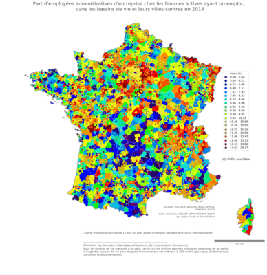 Part d'employées administratives d'entreprise chez les femmes actives ayant un emploi - bv2014
Mots-clés: profession;sexe;femmes;classes populaires;bassins de vie