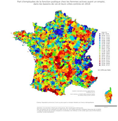 Part d'employées de la fonction publique chez les femmes actives ayant un emploi - bv2014
Mots-clés: profession;sexe;femmes;classes populaires;fonction publique ou indépendance;bassins de vie