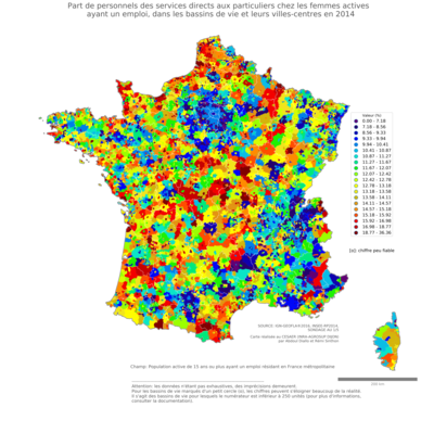 Part de personnels des services directs aux particuliers chez les femmes actives ayant un emploi - bv2014
Mots-clés: profession;sexe;femmes;classes populaires;bassins de vie