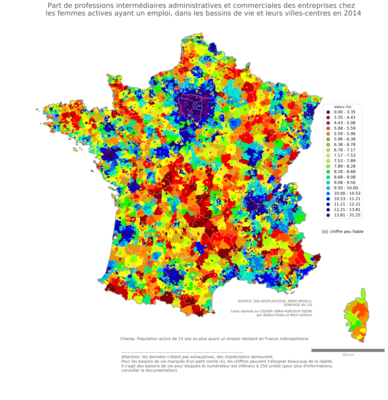 Part de professions intermédiaires administratives et commerciales des entreprises chez les femmes actives ayant un emploi - bv2014
Mots-clés: profession;sexe;femmes;bassins de vie