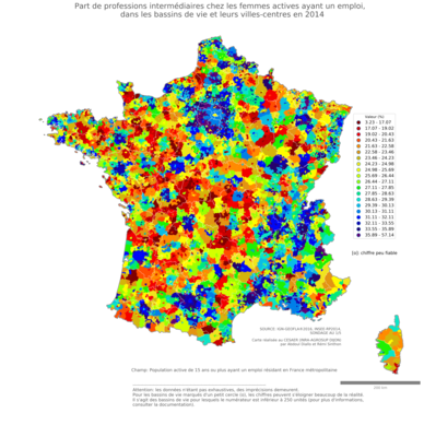 Part de professions intermédiaires chez les femmes actives ayant un emploi - bv2014
Mots-clés: profession;sexe;femmes;bassins de vie