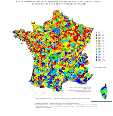 Part de professions libérales et assimilées chez les femmes actives ayant un emploi - bv2014
Mots-clés: profession;sexe;femmes;classes supérieures;bassins de vie