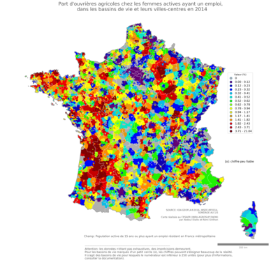 Part d'ouvrières agricoles chez les femmes actives ayant un emploi - bv2014
Mots-clés: profession;sexe;femmes;classes populaires;bassins de vie