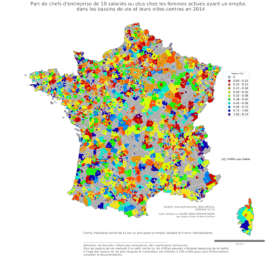 Part de chefs d'entreprise de 10 salariés ou plus chez les femmes actives ayant un emploi - bv2014
Mots-clés: profession;sexe;femmes;classes supérieures;fonction publique ou indépendance;bassins de vie