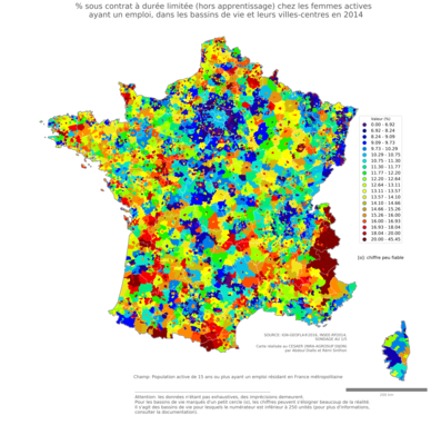 % sous contrat à durée limitée (hors apprentissage) chez les femmes actives ayant un emploi - bv2014
Mots-clés: conditions de travail et d-emploi;sexe;femmes;classes populaires;bassins de vie