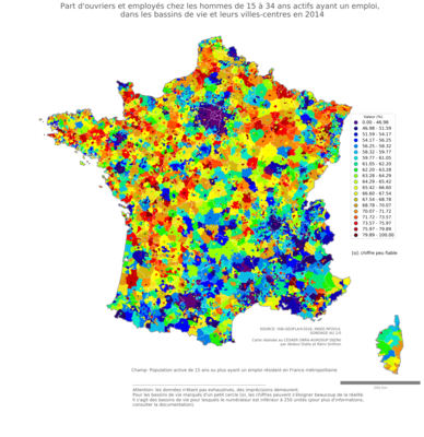 Part d'ouvriers et employés chez les hommes de 15 à 34 ans actifs ayant un emploi - bv2014
Mots-clés: profession;sexe;hommes;âge;classes populaires;bassins de vie