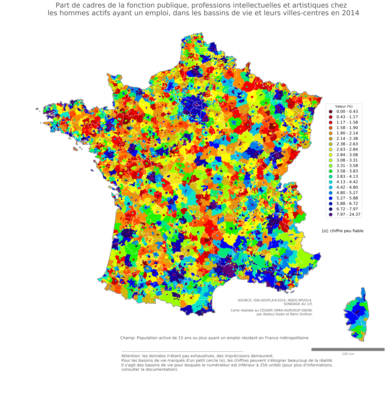 Part de cadres de la fonction publique, professions intellectuelles et artistiques chez les hommes actifs ayant un emploi - bv2014
Mots-clés: profession;sexe;femmes;classes supérieures;fonction publique ou indépendance;bassins de vie