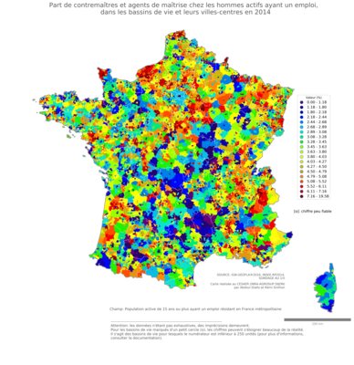 Part de contremaîtres et agents de maîtrise chez les hommes actifs ayant un emploi - bv2014
Mots-clés: profession;sexe;femmes;bassins de vie