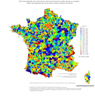 Part d'employés de commerce chez les hommes actifs ayant un emploi - bv2014
Mots-clés: profession;sexe;femmes;classes populaires;bassins de vie