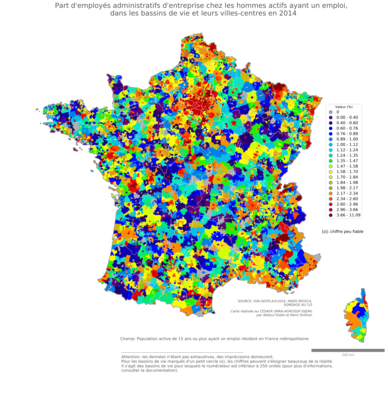 Part d'employés administratifs d'entreprise chez les hommes actifs ayant un emploi - bv2014
Mots-clés: profession;sexe;femmes;classes populaires;bassins de vie