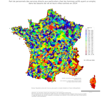 Part de personnels des services directs aux particuliers chez les hommes actifs ayant un emploi - bv2014
Mots-clés: profession;sexe;femmes;classes populaires;bassins de vie