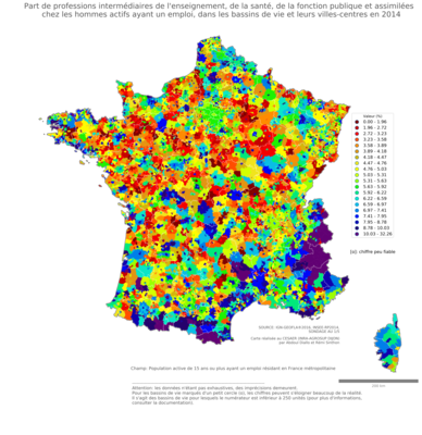 Part de professions intermédiaires de l'enseignement, de la santé, de la fonction publique et assimilées chez les hommes actifs ayant un emploi - bv2014
Mots-clés: profession;sexe;femmes;bassins de vie